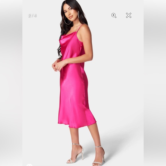 SATIN COWL NECK SLIP MIDI DRESS IN FUSHIA - Picture 3 of 10